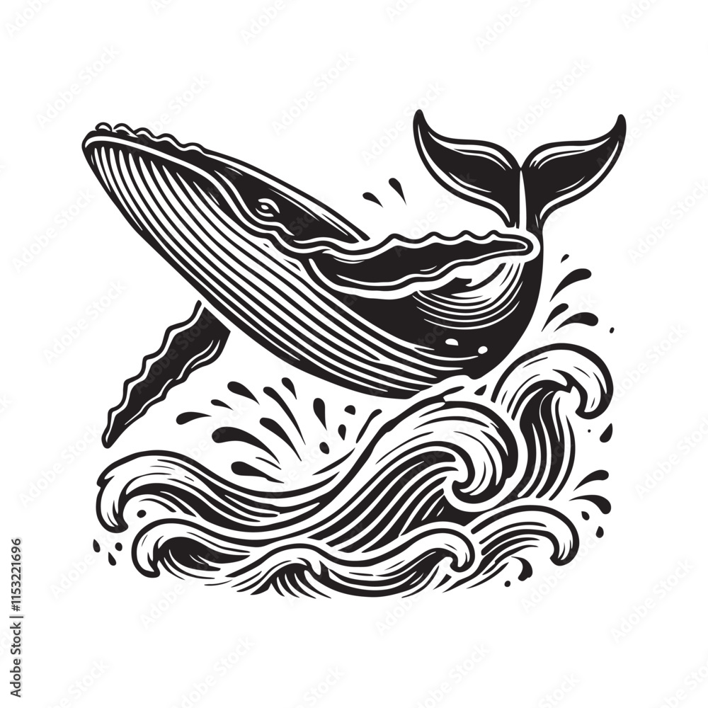 Fototapeta premium Breaching Whale Silhouette Vector - Marine Mammal Illustration 