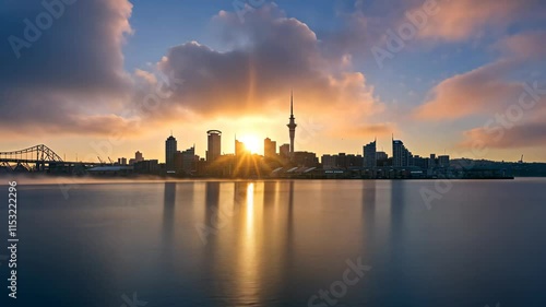 Sunrise Over Auckland's Skyline With Shimmering Water and Colorful Clouds Reflected on the Bay in the Early Morning