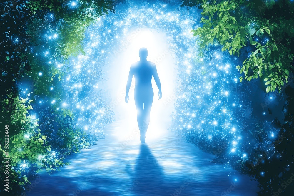 A silhouette of a person walking towards a bright, magical portal surrounded by lush greenery, symbolizing hope and new beginnings. A silhouette of a person walking towards a bright, magical portal surrounded by lush greenery, symbolizing hope and new beginnings.
