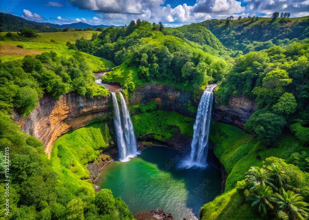Majestic Wailua Falls, Kauai: Drone View of Lush Hawaiian Waterfall Cascading into a Verdant Valley Majestic Wailua Falls, Kauai: Drone View of Lush Hawaiian Waterfall Cascading into a Verdant Valley