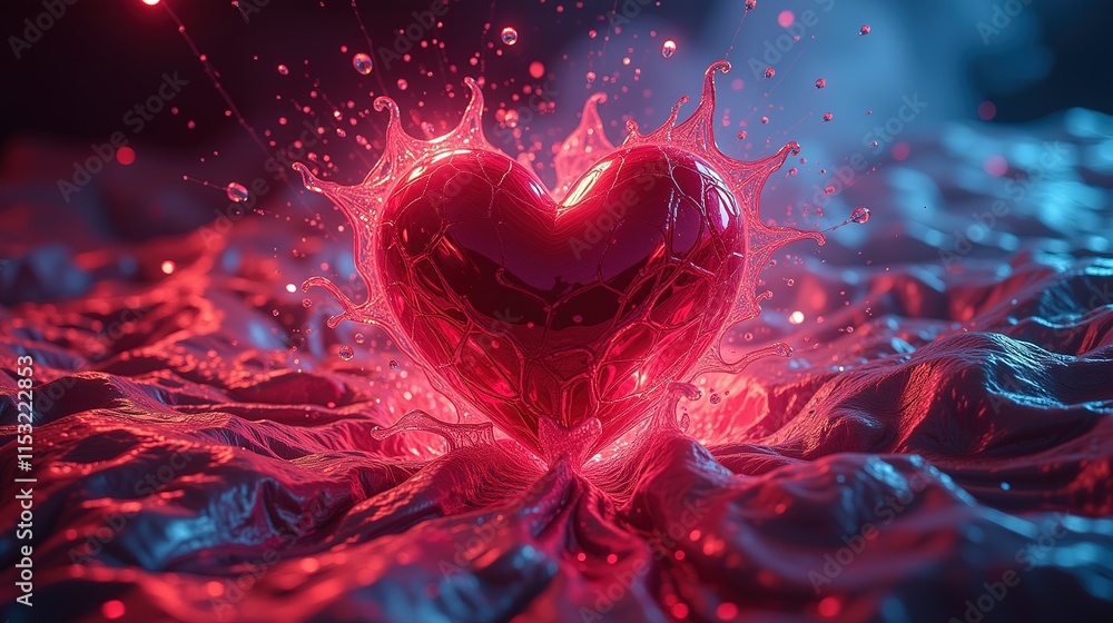 Shimmering liquid heart with splashing effect. Shimmering liquid heart with splashing effect.