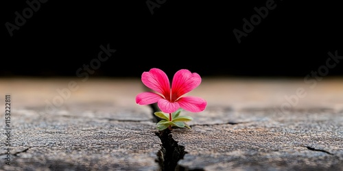 A vibrant pink flower growing from a crack in a wooden surface, contrasting with a dark background. Concept Nature's Resilience, Minimalist Photography, Vibrant Color Contrast, Floral Beauty