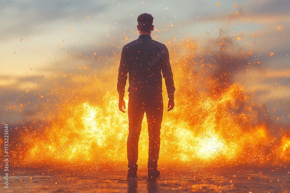 A contemplative young man stands silhouetted against a fiery explosion at sunset, creating a dramatic and intense atmosphere. A contemplative young man stands silhouetted against a fiery explosion at sunset, creating a dramatic and intense atmosphere.