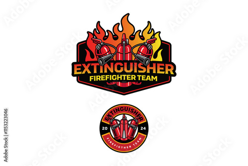 fire extinguishers with flame burning background colorful logo design. red fire extinguisher with fire blaze badge logo design set. for rescuer, survivor, patrol, safety equipment store