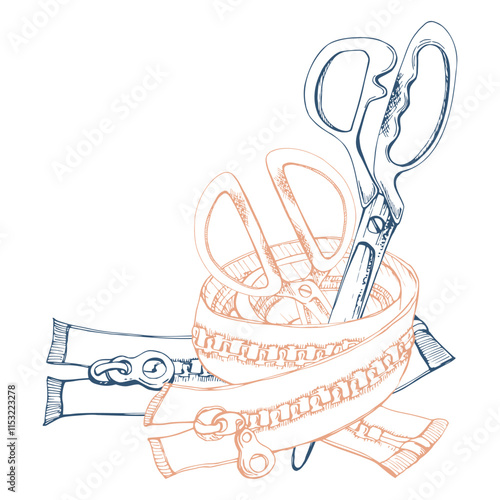 Clothes zippers, fabric scissors snaps, indigo beige. Sewing seamstress craft supplies, hand drawn ink vector illustration. Composition isolated on white background. Design atelier, tailor, hobby shop