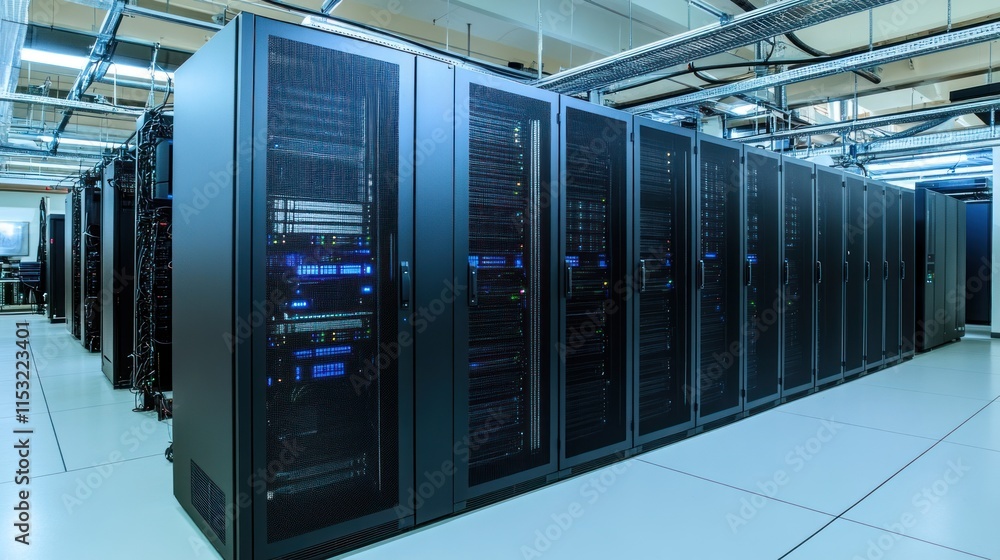 A server room filled with rows of network servers and equipment for data processing. A server room filled with rows of network servers and equipment for data processing.