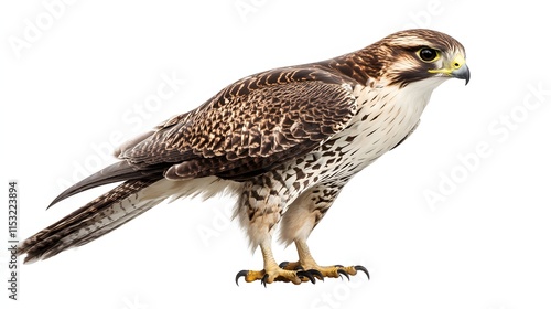 A majestic gyrfalcon stands alert against a white background