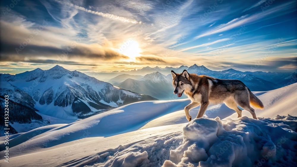 Fototapeta premium Majestic Wolfdog Soaring Above Snowy Peaks: Breathtaking Aerial View