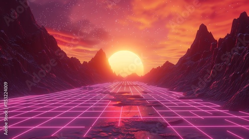 A digital rendering of a futuristic landscape with neon lights and a glowing sun. photo