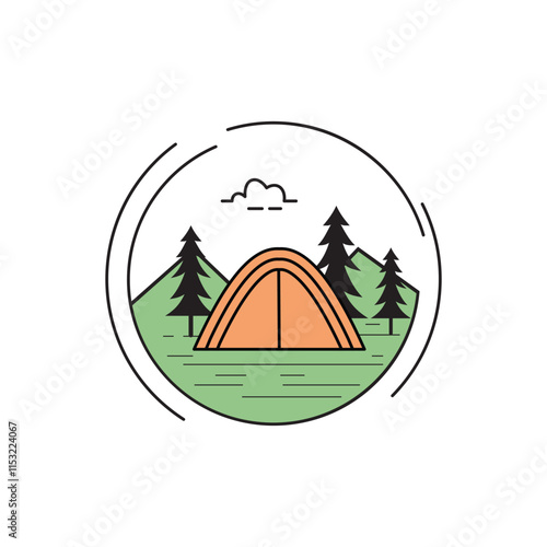 Camp Camping Adventure in Forest with Mountain View in Color Filled Circle Line Art Logo Design