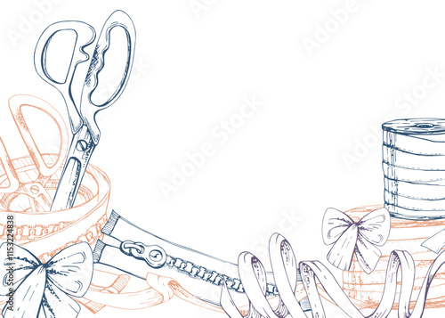 Clothes zippers, fabric scissors snaps, ribbon bobbins indigo beige, sewing craft supplies. Hand drawn ink vector illustration. Frame isolated on white background. Design atelier, tailor, hobby shop