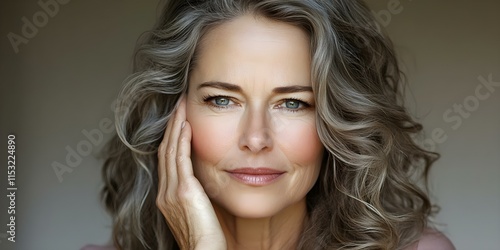 A woman with long, wavy gray hair and blue eyes, gently touching her face with a soft expression. Concept Elegant Portrait, Gray Hair Beauty, Soft Expressions, Close-Up Photography, Serene Emotions
