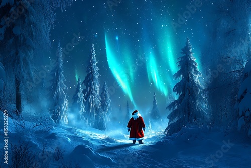 Santa Surrounded by Magical Northern Lights in a Winter Landscape Isolated on Transparent. PNG. photo