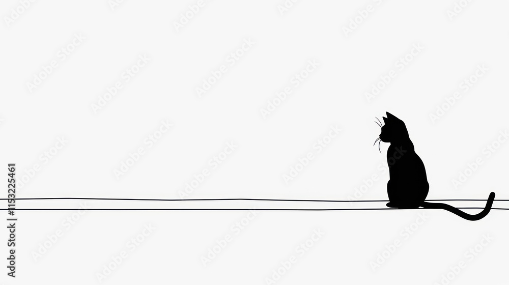 Silhouette of cat sitting on line against white. Silhouette of cat sitting on line against white.