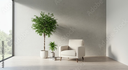 interior house solid color wall with chair & tree