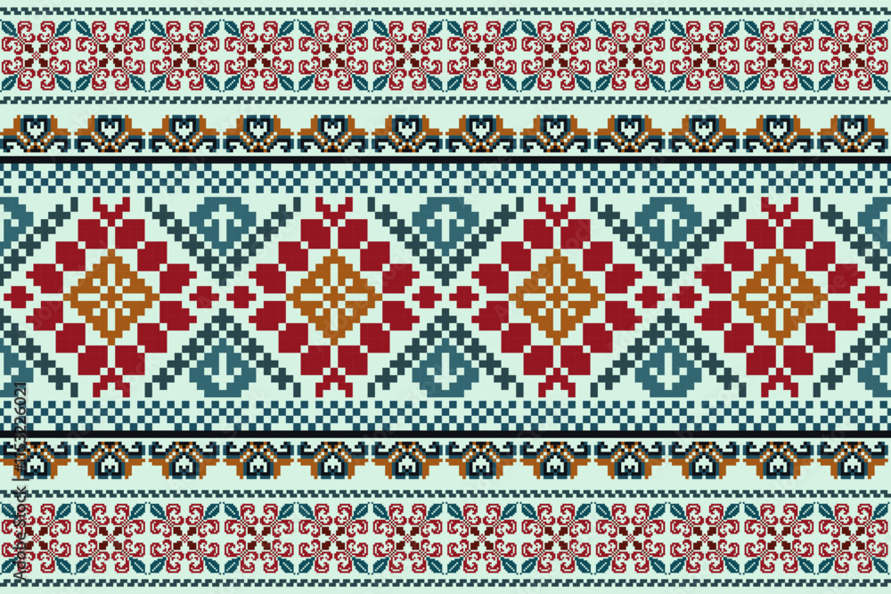 Pixel art embroidery pattern. Repeating Ukraine geometric pattern design with floral. Symmetrical and Clean. For use as neckline embroidery, neckline design, print, textile Pixel art embroidery pattern. Repeating Ukraine geometric pattern design with floral. Symmetrical and Clean. For use as neckline embroidery, neckline design, print, textile