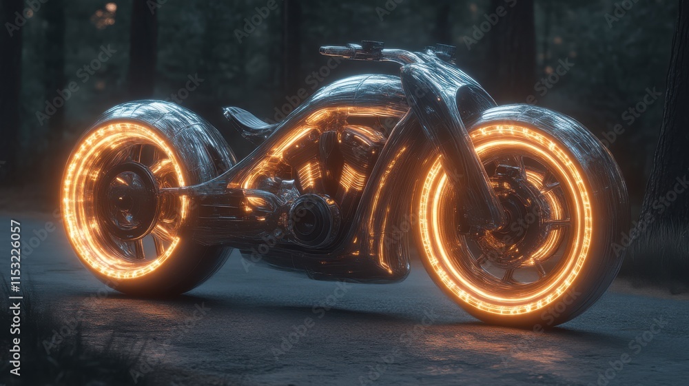 Futuristic motorcycle with glowing wheels in forest. Futuristic motorcycle with glowing wheels in forest.