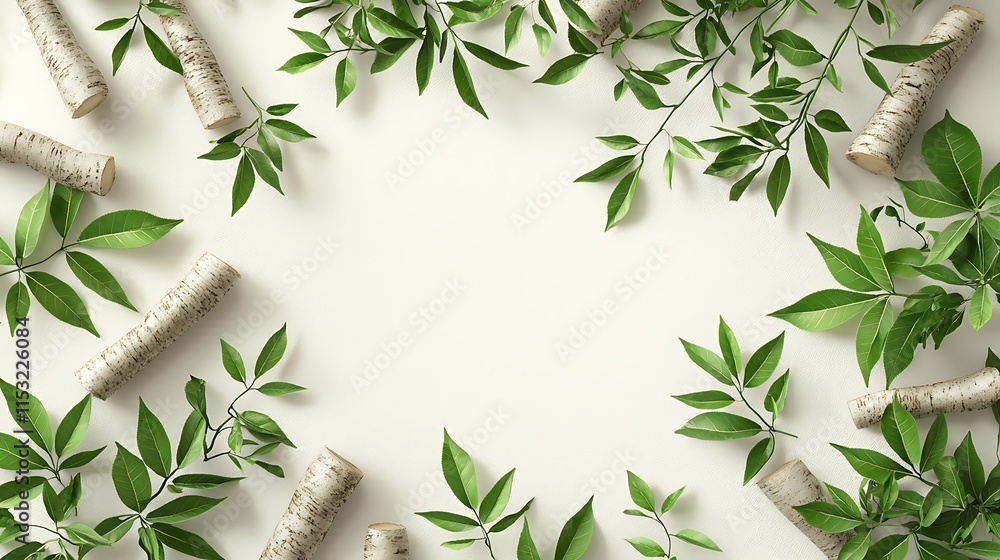 Green leaves and birch wood create a natural frame Green leaves and birch wood create a natural frame