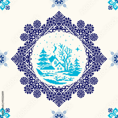 Square seamless legendary Winter traditional pixel Geometric ethnic pattern.Ukrainian, Romanian, Slavic ornament style.Vector for tile, textile, mosaic, ceramic, patchwork, cross-stitch, embroidery