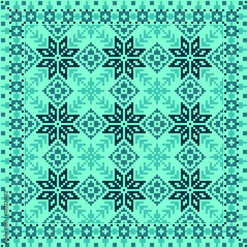 Square seamless Floral traditional pixel with frame Geometric ethnic pattern. Ukrainian, Romanian, Vyshyvanka, Slavic style. Vector for tile, textile, mosaic, ceramic, patchwork, background, backdrop.