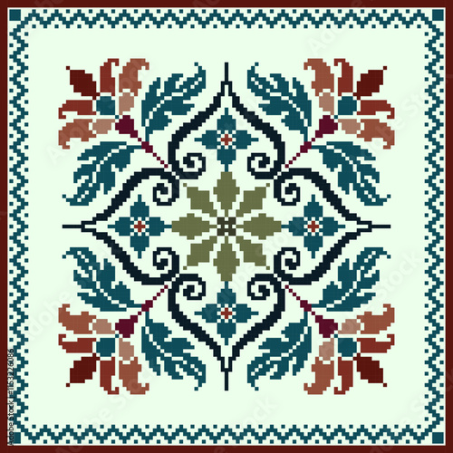 Square seamless Floral traditional pixel with frame Geometric ethnic pattern. Ukrainian, Romanian, Vyshyvanka, Slavic style. Vector for tile, textile, mosaic, ceramic, patchwork, background, backdrop.