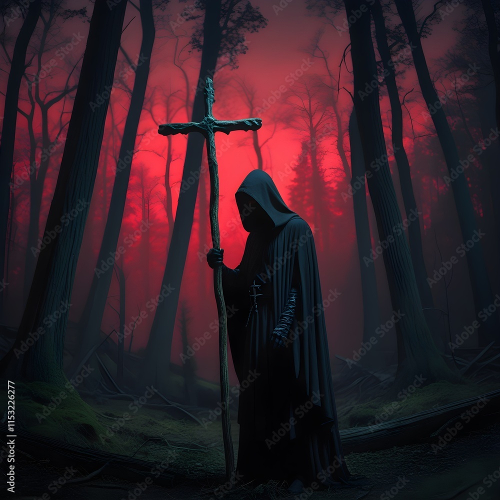 Mysterious cloaked figure holding a cross-shaped staff in a dark forest with a red misty sky. Mysterious cloaked figure holding a cross-shaped staff in a dark forest with a red misty sky.