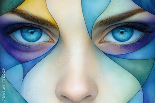 A stunning close-up of a female model with vibrant blue eyes, surrounded by abstract, colorful shapes resembling stained glass.