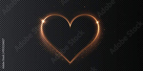 Heart gold with flashes isolated on transparent background. Light heart for holiday cards, banners, invitations. Heart-shaped neon wire glow.	
