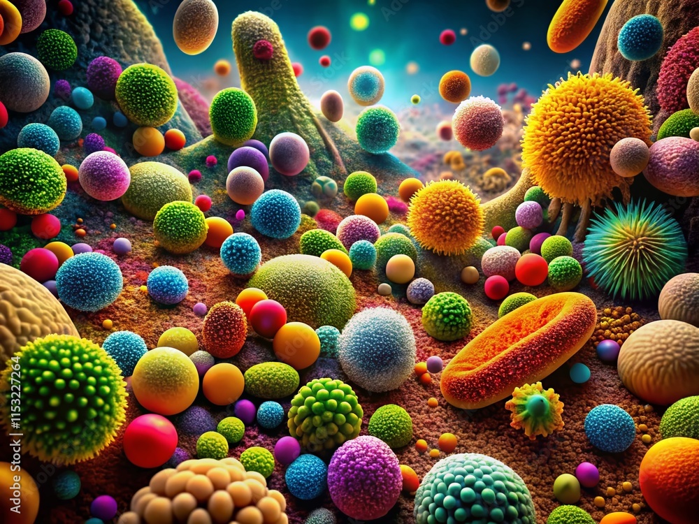 Microscopic Panorama: Diverse Bacterial Colony, Scientific Illustration Microscopic Panorama: Diverse Bacterial Colony, Scientific Illustration