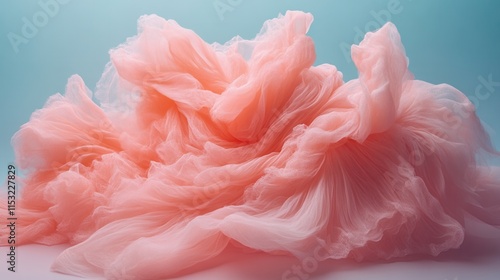 Abstract pink fabric swirls on blue background.