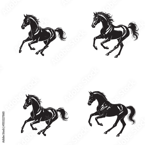 4 Set of Black Running Akhal-Teke Horse Silhouettes Isolated on White Background