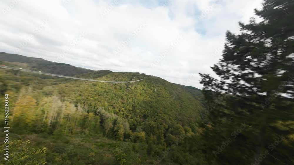 POV drone of forest trees at the Geierlay suspension bridge in Morsdorf, Germany under cloudy sky POV drone of forest trees at the Geierlay suspension bridge in Morsdorf, Germany under cloudy sky