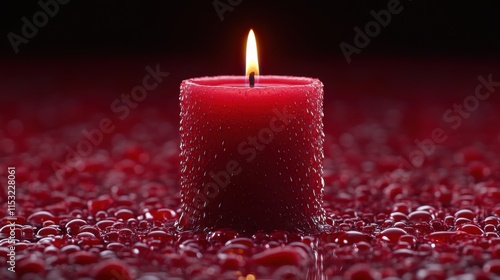 Red candle lit, water droplets.