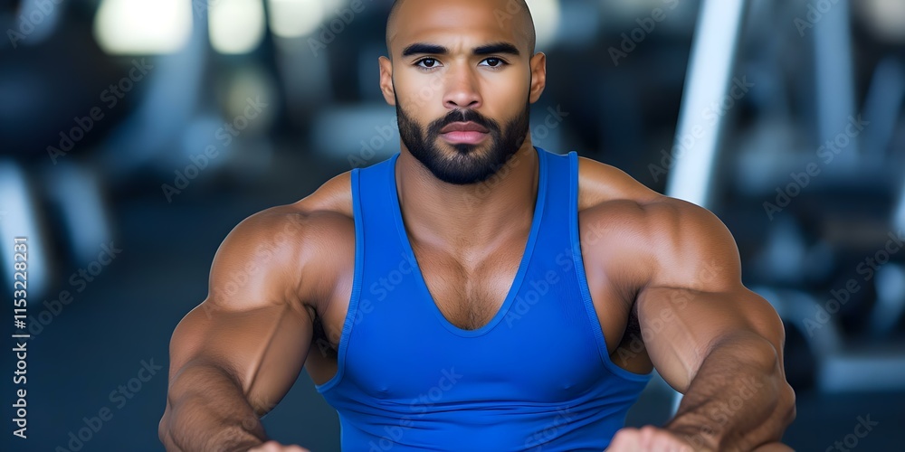 Fototapeta premium A muscular man in a blue tank top is working out in a gym setting, focusing intently on his exercise. Concept Fitness Motivation, Strength Training, Gym Environment, Intense Workout