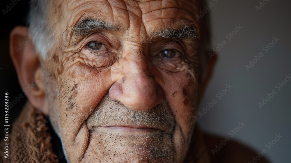 A close up portrait of an elderly man with a slight smile and blue eyes. A close up portrait of an elderly man with a slight smile and blue eyes.