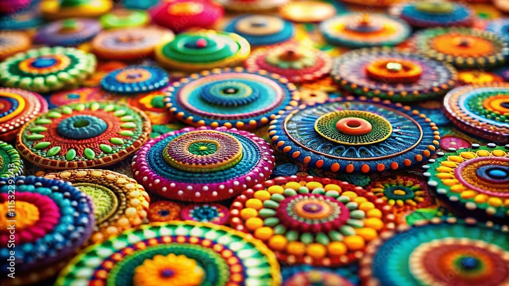Miniature Circular Pattern Set: Tilt-Shift Photography of Colorful Geometric Designs Miniature Circular Pattern Set: Tilt-Shift Photography of Colorful Geometric Designs
