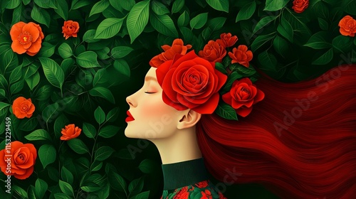 Abstract illustration of red-haired woman surrounded by roses and green leaves.