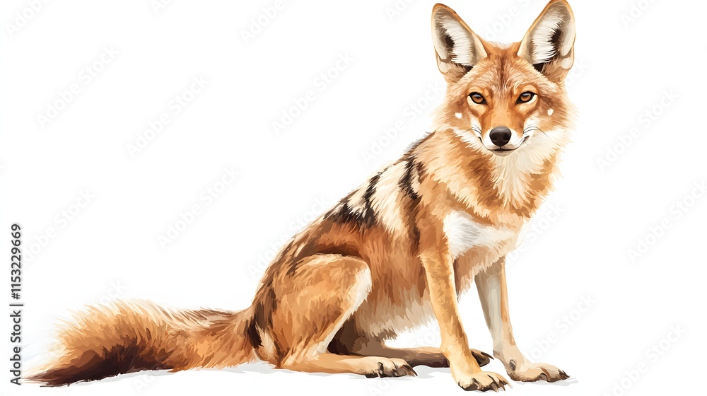 Fototapeta premium Golden Jackal Sitting Against White Background