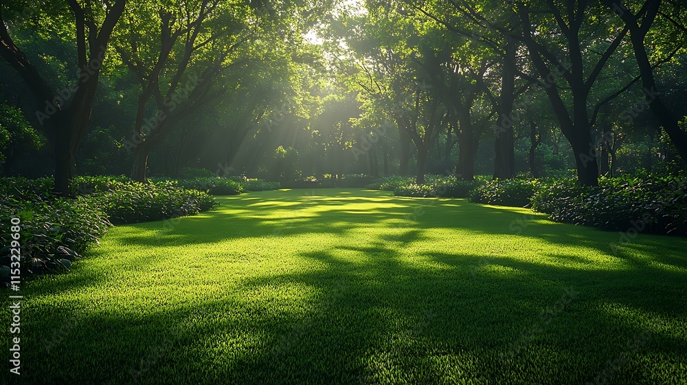 Naklejka premium Sunlit Green Grass Path Through Lush Forest Trees