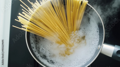 Spaghetti in pot is cooked in boiling water top view. Spaghetti in boiling steaming water photo