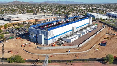 Hyperlapse drone shot of a new data center under construction in Phoenix, Arizona on a sunny day