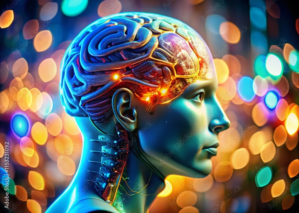 Obraz premium Miniature Human Head with Futuristic Brain Technology - Tilt-Shift Photography