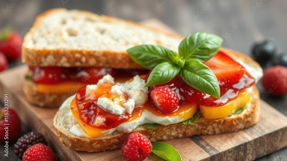 Fresh and Colorful Sandwich with Creamy Cheese, Strawberry Jam, and Assorted Berries on a Wooden Platter Surrounded by Green Leaves and Natural Light Fresh and Colorful Sandwich with Creamy Cheese, Strawberry Jam, and Assorted Berries on a Wooden Platter Surrounded by Green Leaves and Natural Light