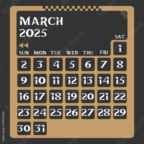 Letter calendar for March 2025. The week begins on Sunday. Time, planning and schedule concept. Flat design. Removable calendar for the month. Vector illustration
