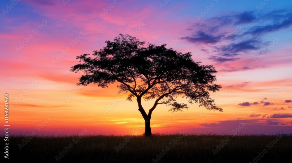 A silhouette of a tree against a vibrant sunset sky. A silhouette of a tree against a vibrant sunset sky.