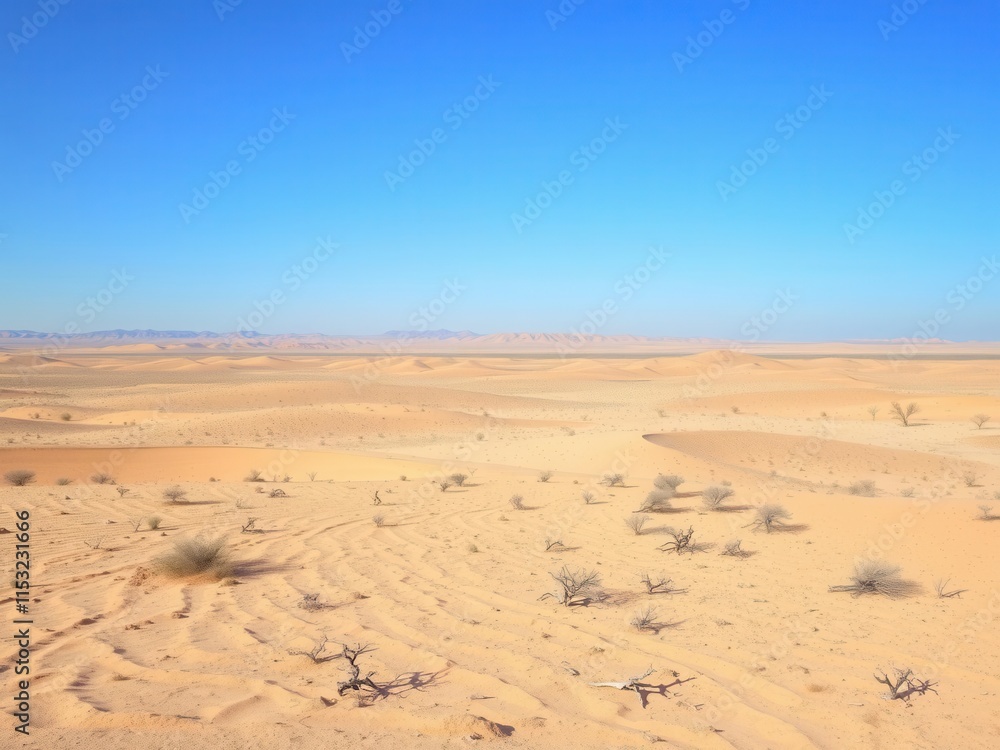 Expansive Desert Landscape Under Clear Blue Sky with Distant Mountains and Sparse Vegetation, Capturing the Essence of Remote Natural Beauty and Serenity Expansive Desert Landscape Under Clear Blue Sky with Distant Mountains and Sparse Vegetation, Capturing the Essence of Remote Natural Beauty and Serenity