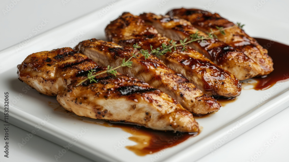 A set of lightly grilled chicken breast cuts with a golden seasoning crust, arranged aesthetically on a clean white porcelain plate, accented with tiny fresh thyme sprigs and a tangy barbecue glaze, s A set of lightly grilled chicken breast cuts with a golden seasoning crust, arranged aesthetically on a clean white porcelain plate, accented with tiny fresh thyme sprigs and a tangy barbecue glaze, s