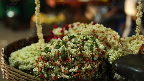 Jasmine Flower Garland in Indian Market – Fresh Poo Mala, Traditional Floral Decor