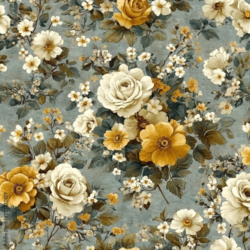 A beautiful floral pattern featuring cream and golden roses amidst delicate white and yellow blossoms on a textured blue background.