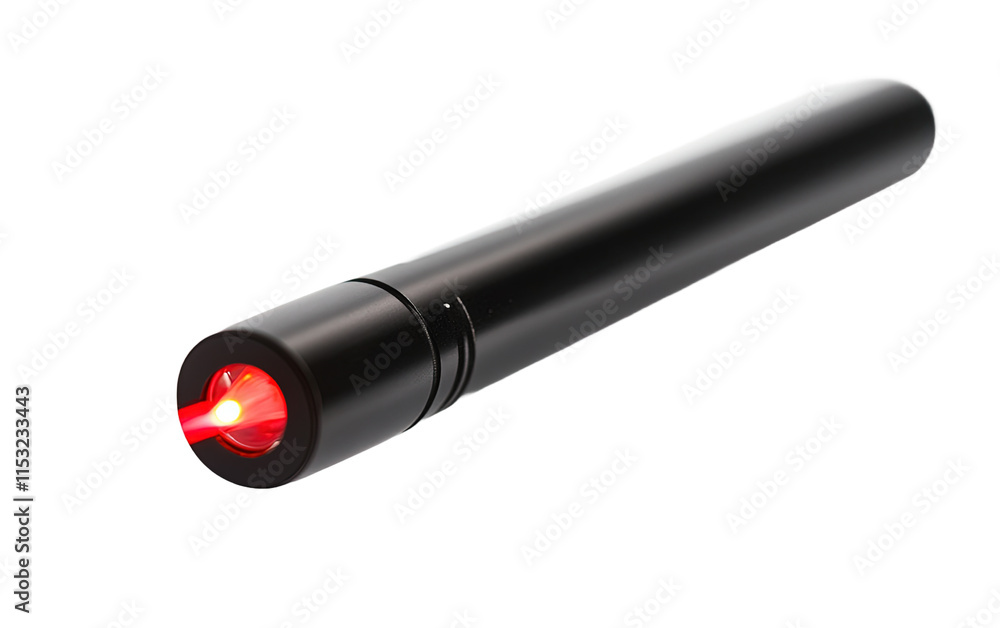 A small red laser pointer is sitting isolated on white or transparent background A small red laser pointer is sitting isolated on white or transparent background